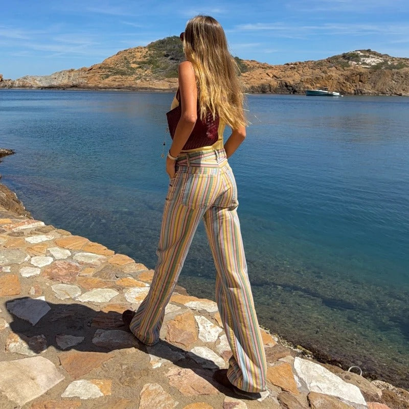 Women's Casual Loose-Fitting Striped Straight-Leg Pants