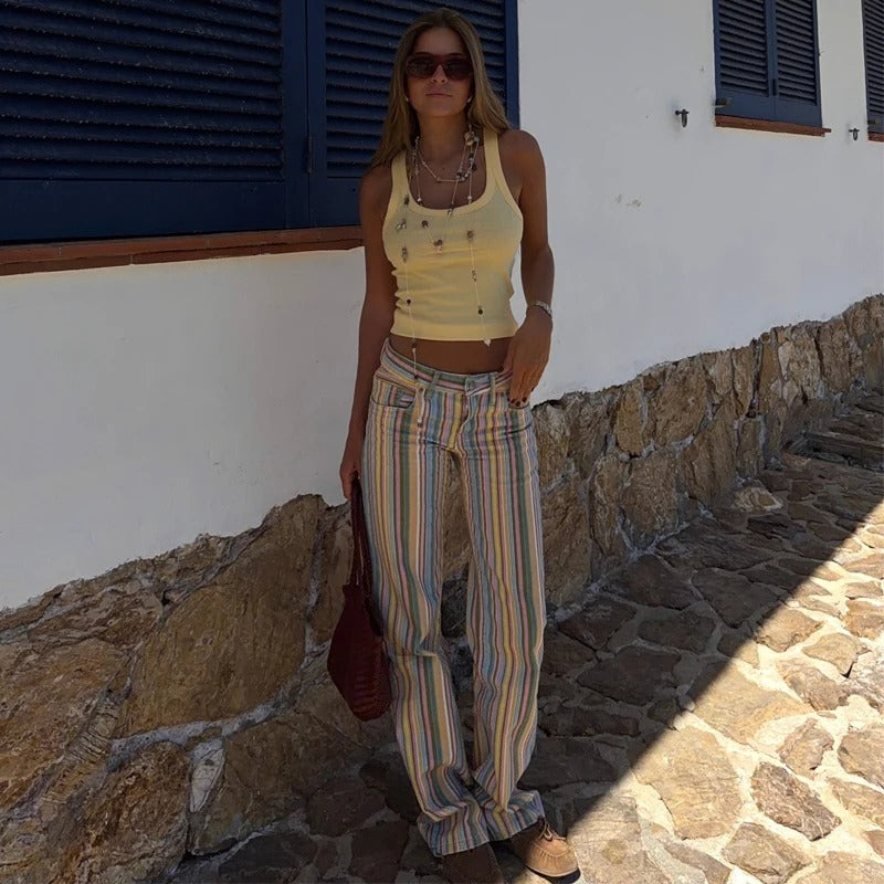 Women's Casual Loose-Fitting Striped Straight-Leg Pants